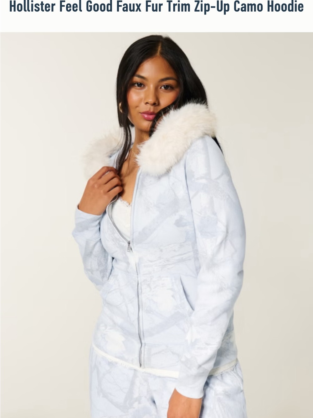 Hollister Light Gray Real Tree Zip Hoodie with Cream Faux-Fur Trim